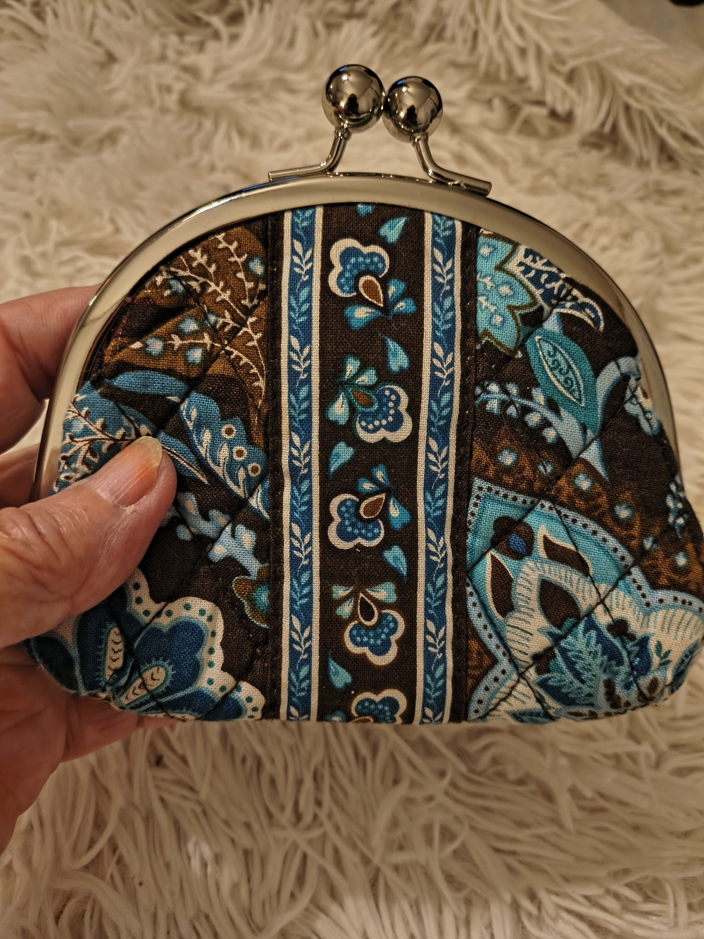 Vera Bradley Blue and Brown Quilted Kiss-Lock Mini Coin Purse